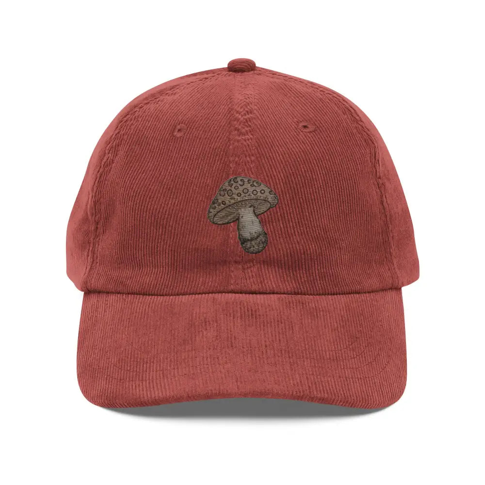 Red embroidered corduroy cap with wild mushroom vintage design