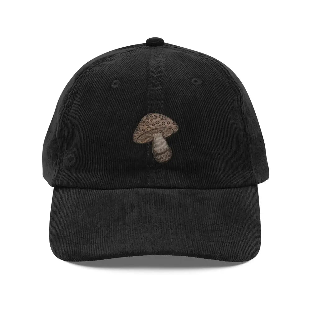 Black embroidered corduroy cap with wild mushroom vintage design