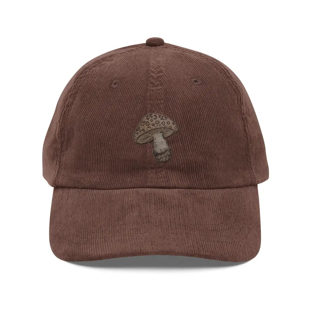 Brown embroidered corduroy cap with wild mushroom vintage design