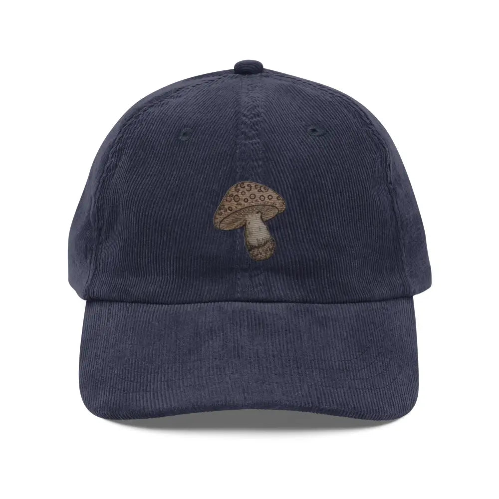 Navy blue embroidered corduroy cap with wild mushroom vintage design