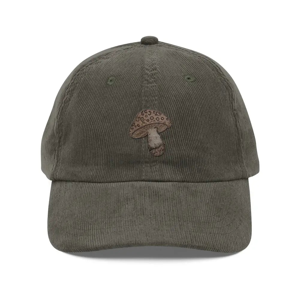 Olive green embroidered corduroy cap with wild mushroom vintage design