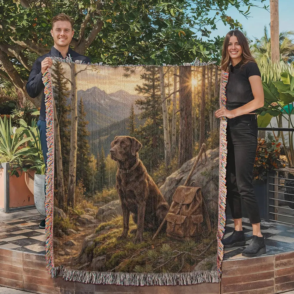 Wilderness labrador retriever woven throw tapestry with forest mountains