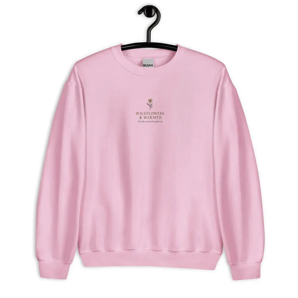 Pink crewneck with wildflower bloom embroidered graphic