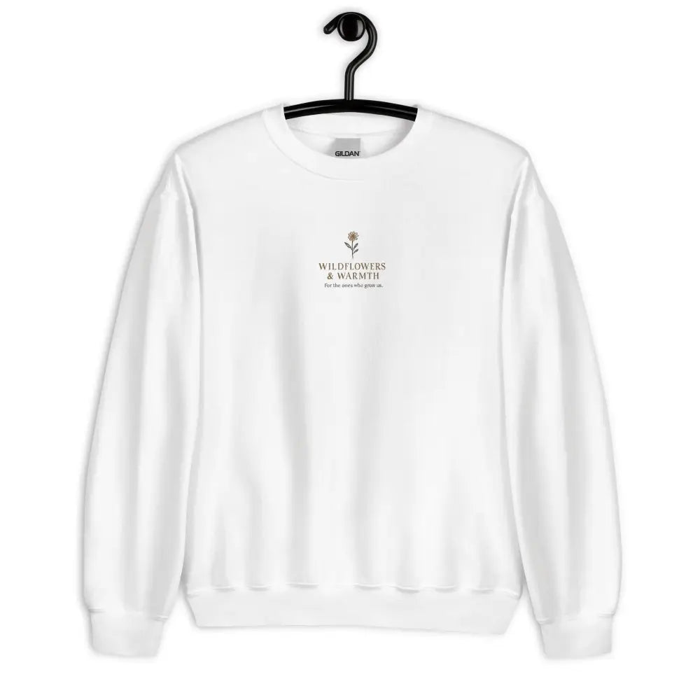 White crewneck sweatshirt with wildflower bloom embroidered graphic