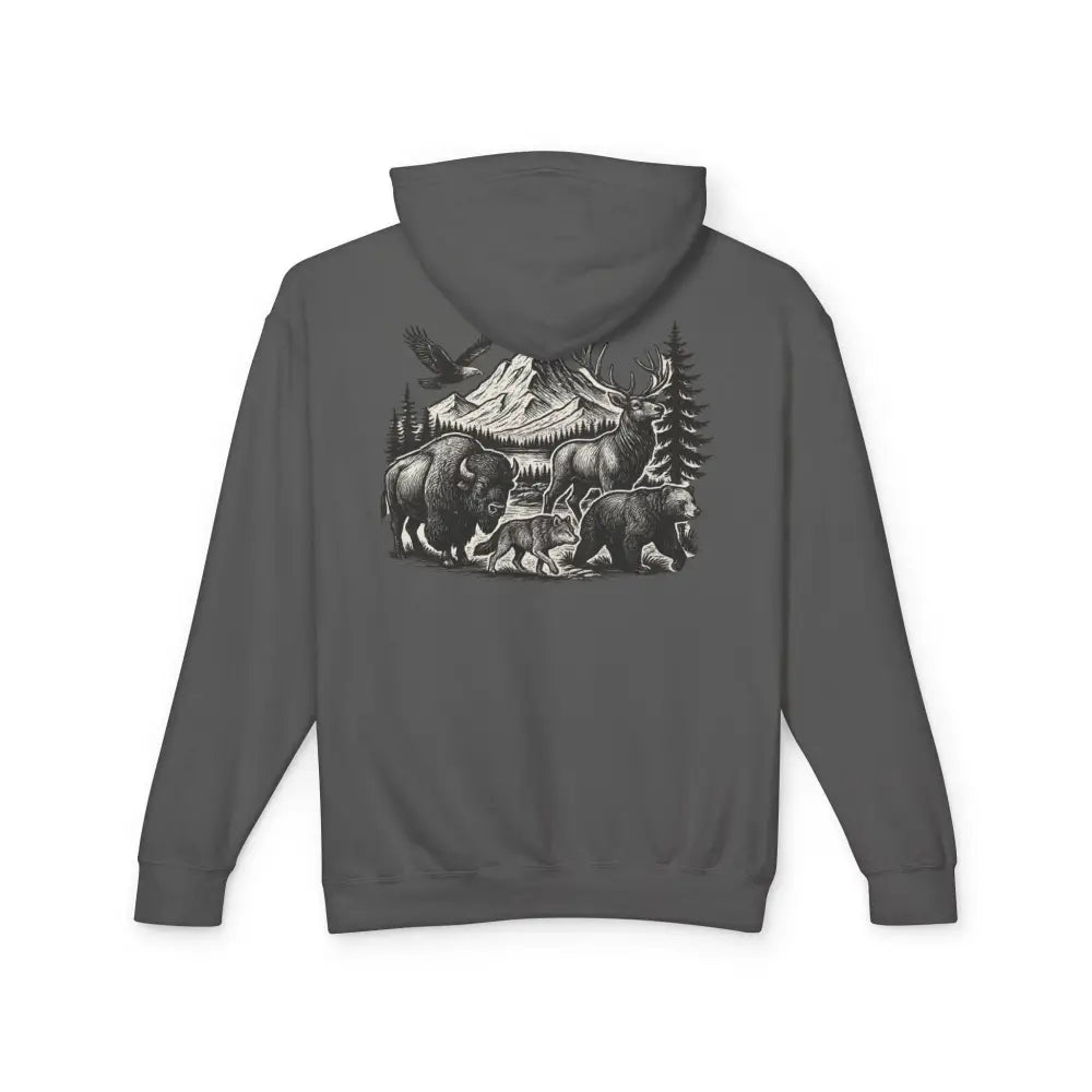 Trini Skies wildlife mountain scene graphic hoodie in dark gray