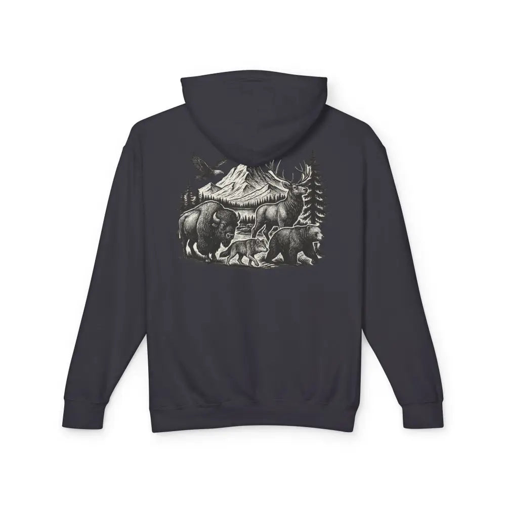 Trini Skies wildlife mountain scene hoodie in dark grey