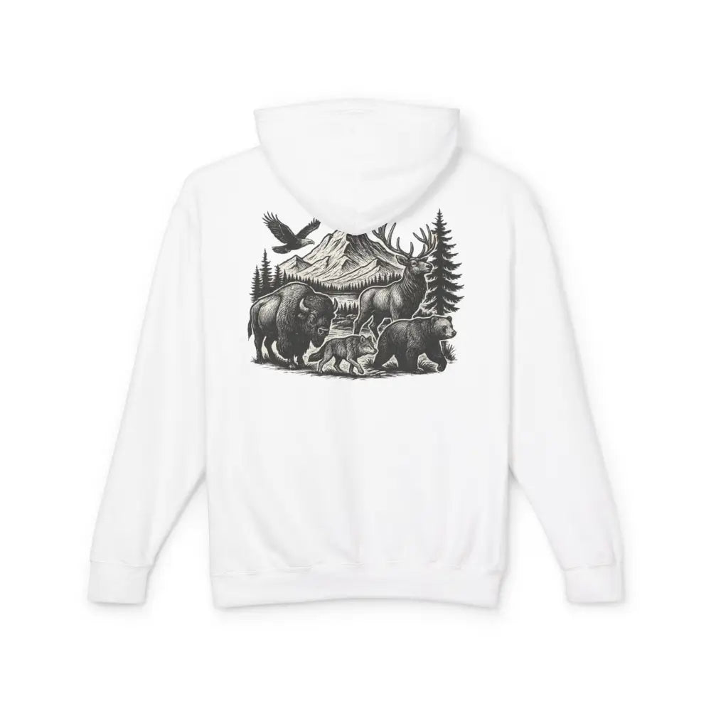 Trini Skies wildlife mountain scene graphic on white hoodie