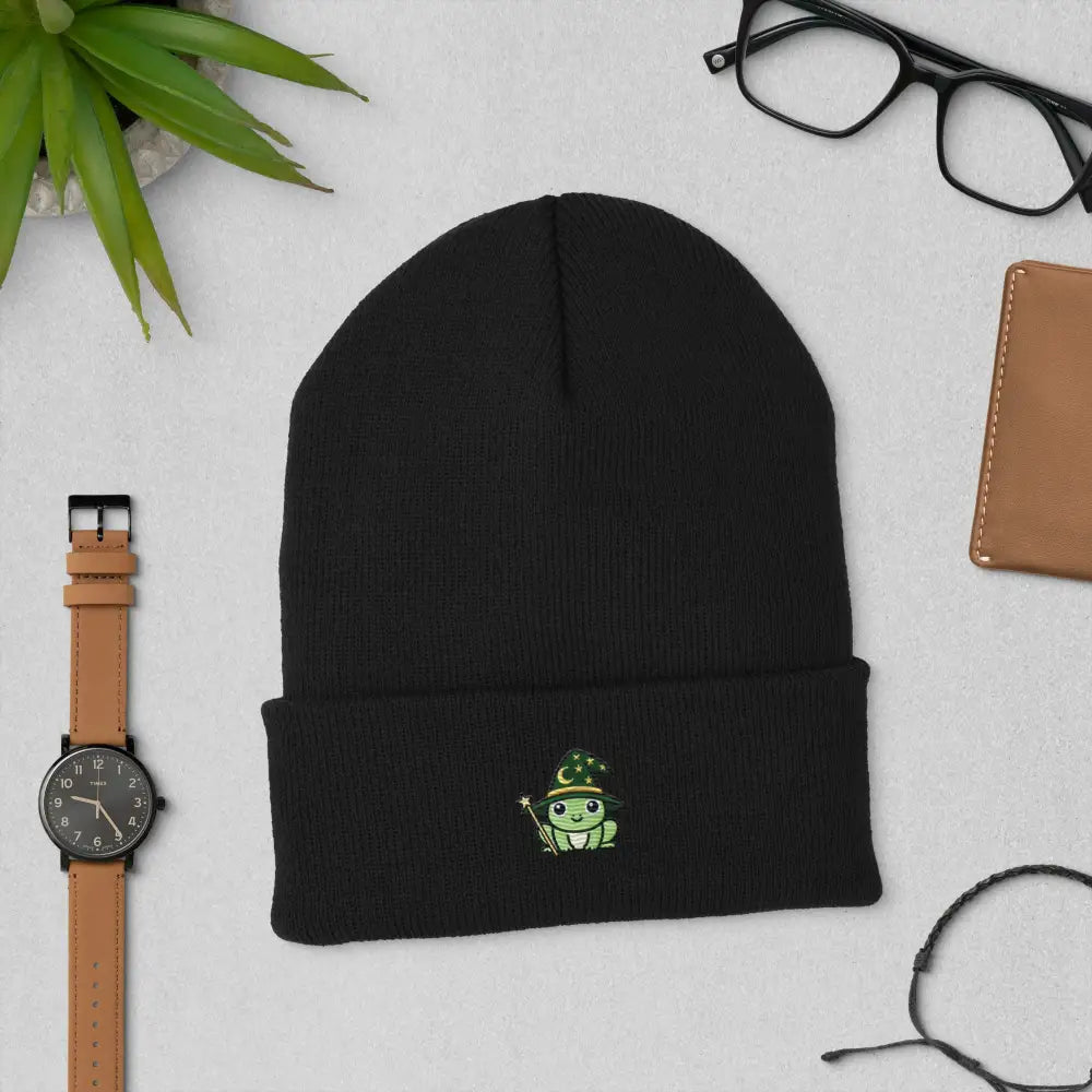 Wizard Frog Embroidered Black Knit Beanie by Trini Skies