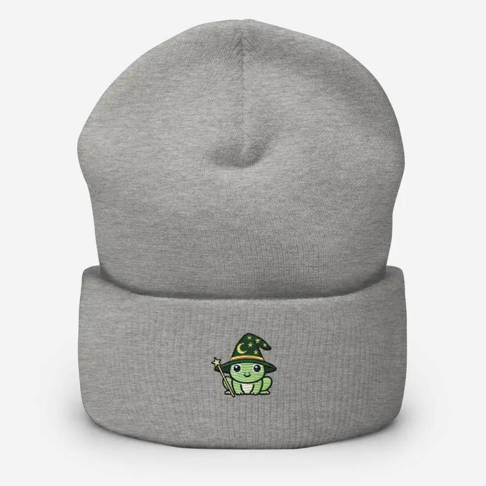 Gray Wizard Frog Embroidered Beanie by Trini Skies