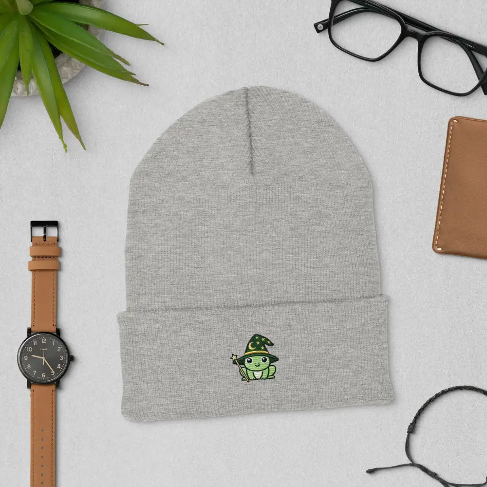 Wizard Frog Embroidered light grey knit beanie by Trini Skies