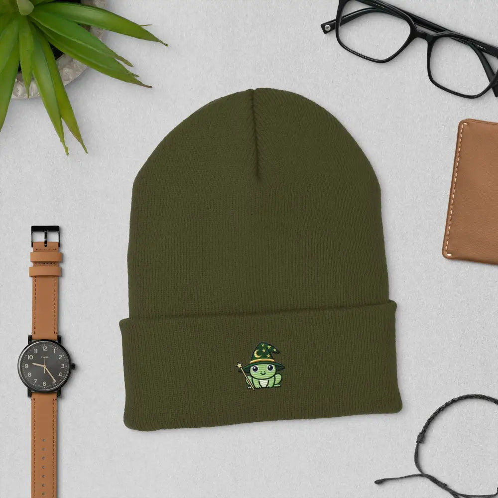 Wizard Frog Embroidered Olive Green Knit Beanie by Trini Skies