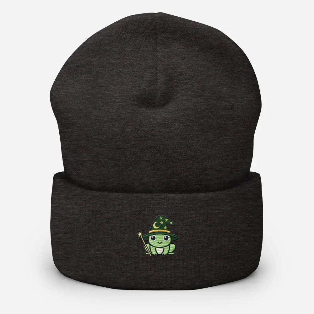 Trini Skies wizard frog embroidered dark gray knit beanie