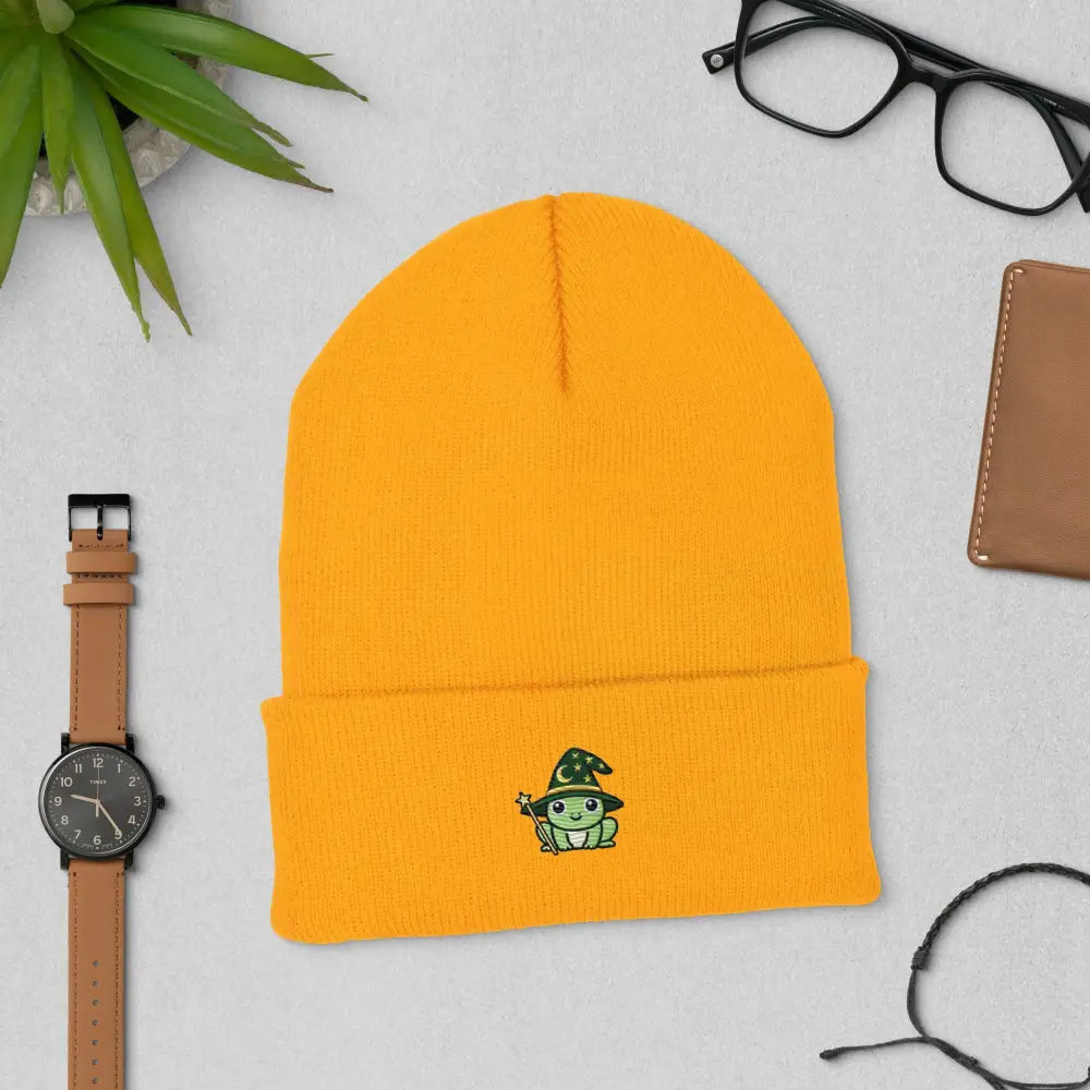 Wizard Frog Embroidered Mustard Yellow Knit Beanie by Trini Skies
