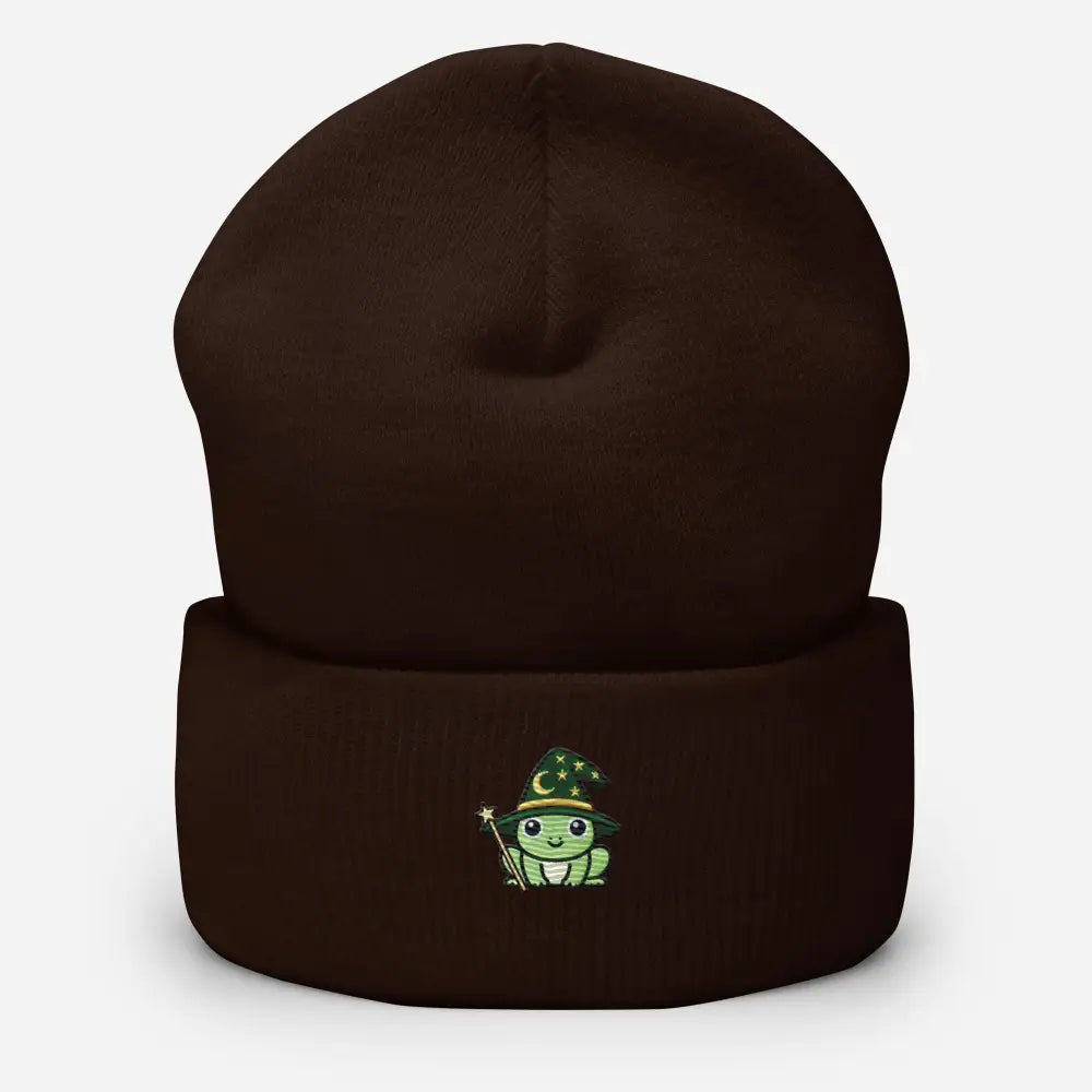 Wizard Frog Embroidered Dark Brown Beanie by Trini Skies