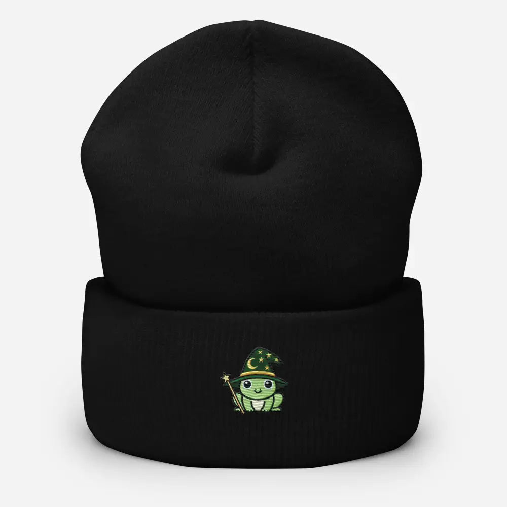 Trini Skies wizard frog embroidered black beanie with cute frog wizard design