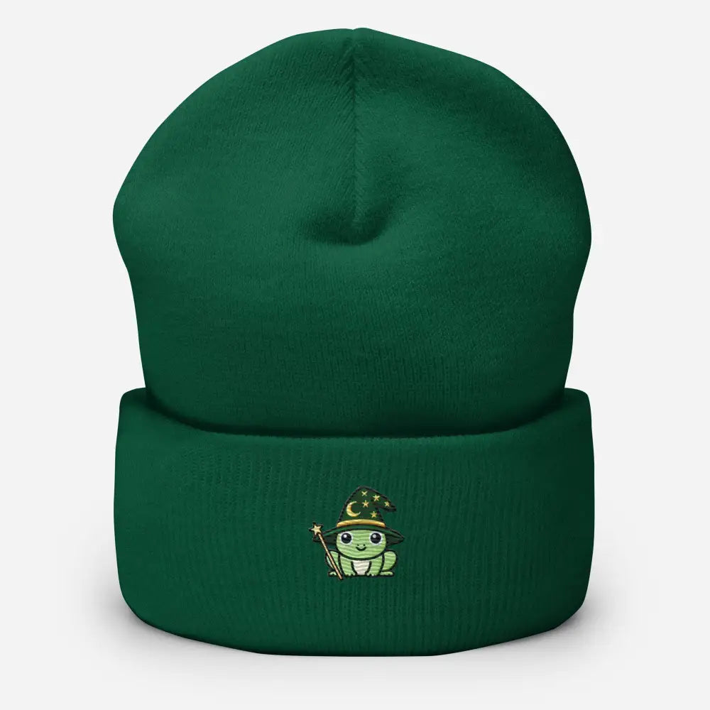 Dark green Trini Skies wizard frog embroidered beanie with cute frog wizard design