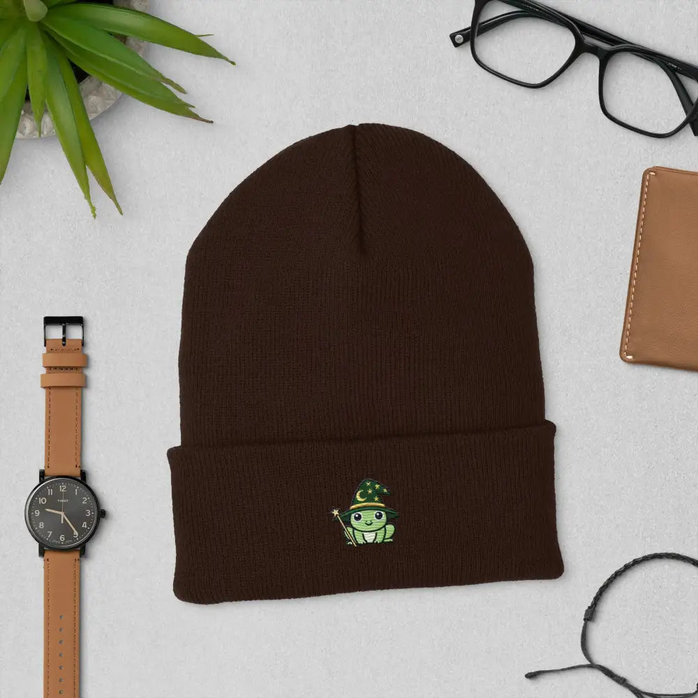 Dark brown Trini Skies wizard frog embroidered beanie