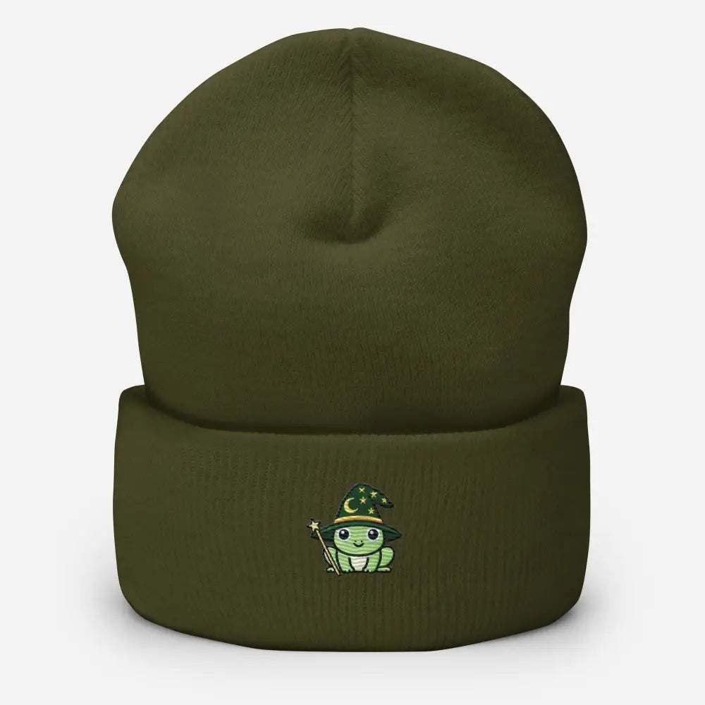 Wizard Frog Embroidered Olive Green Knit Beanie by Trini Skies