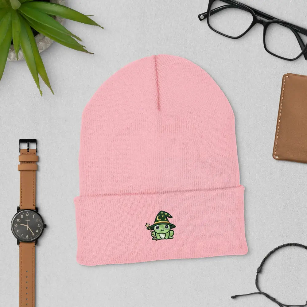 Pink Trini Skies wizard frog embroidered beanie with frog wizard