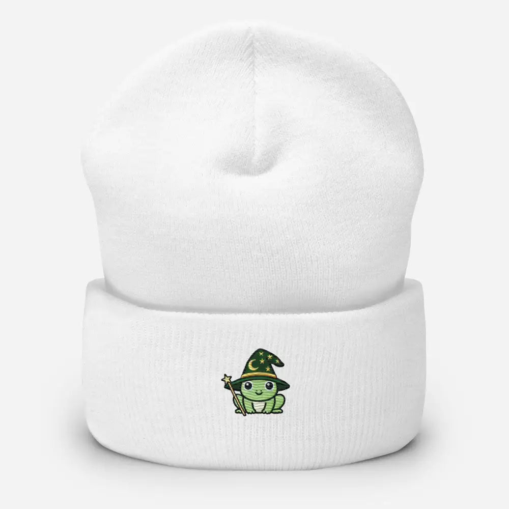 White Trini Skies wizard frog embroidered beanie
