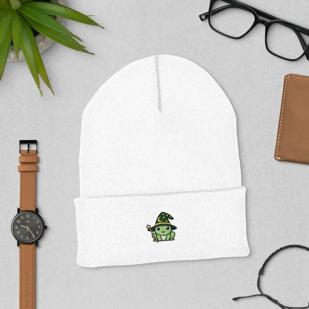 White Wizard Frog Embroidered Beanie by Trini Skies