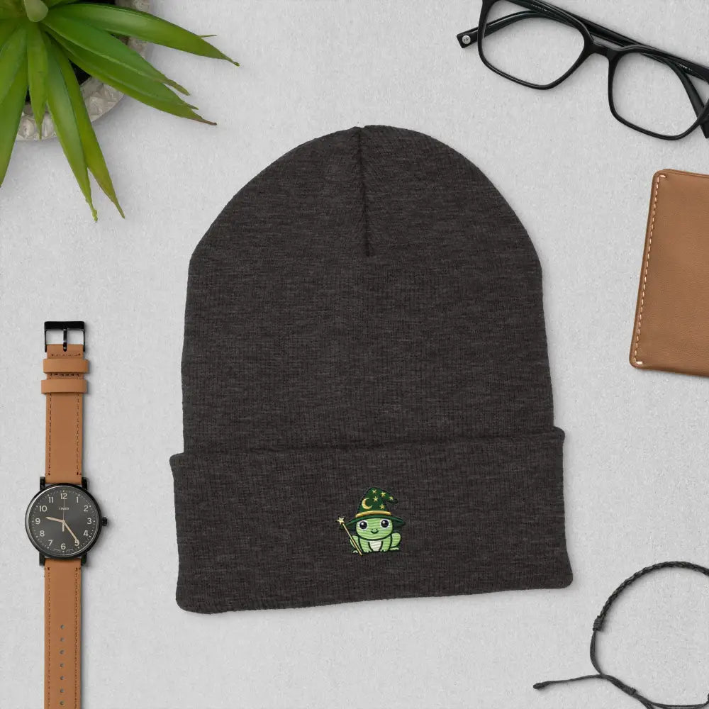 Wizard Frog Embroidered Dark Grey Beanie by Trini Skies