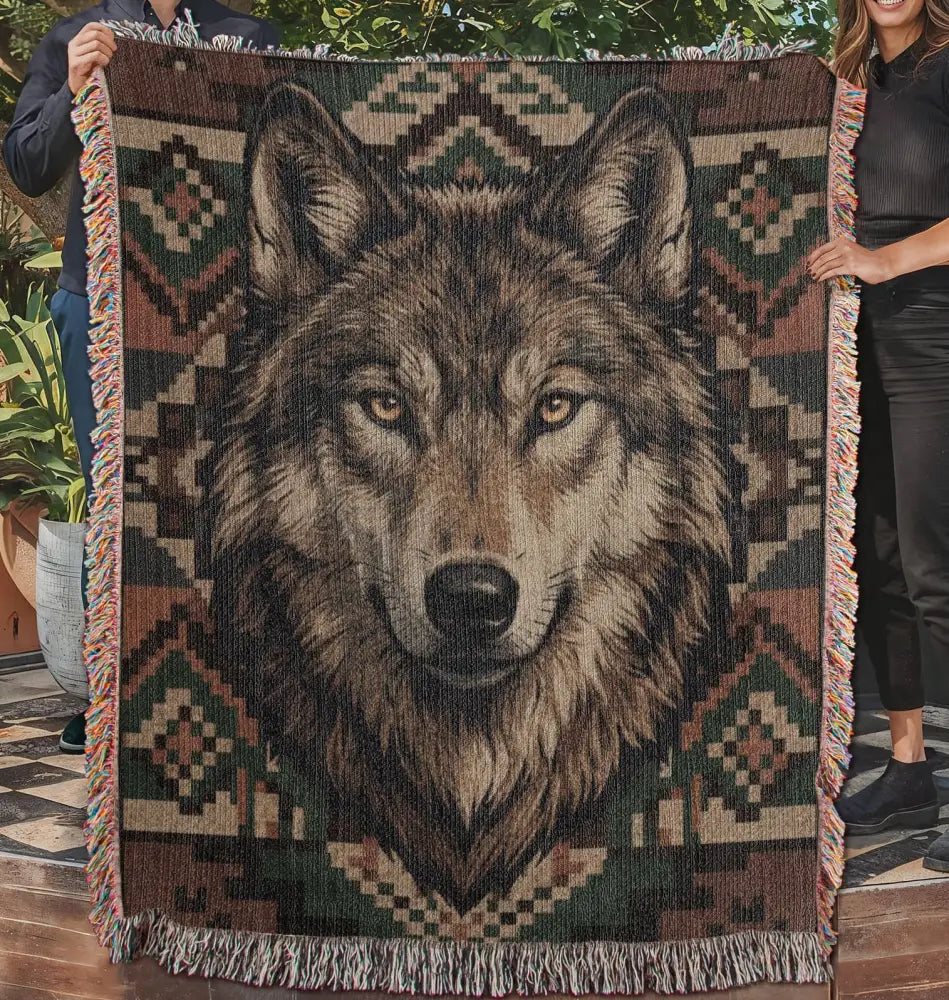 Wolf woven cotton blanket with gray wolf and amber eyes on earth-toned pattern