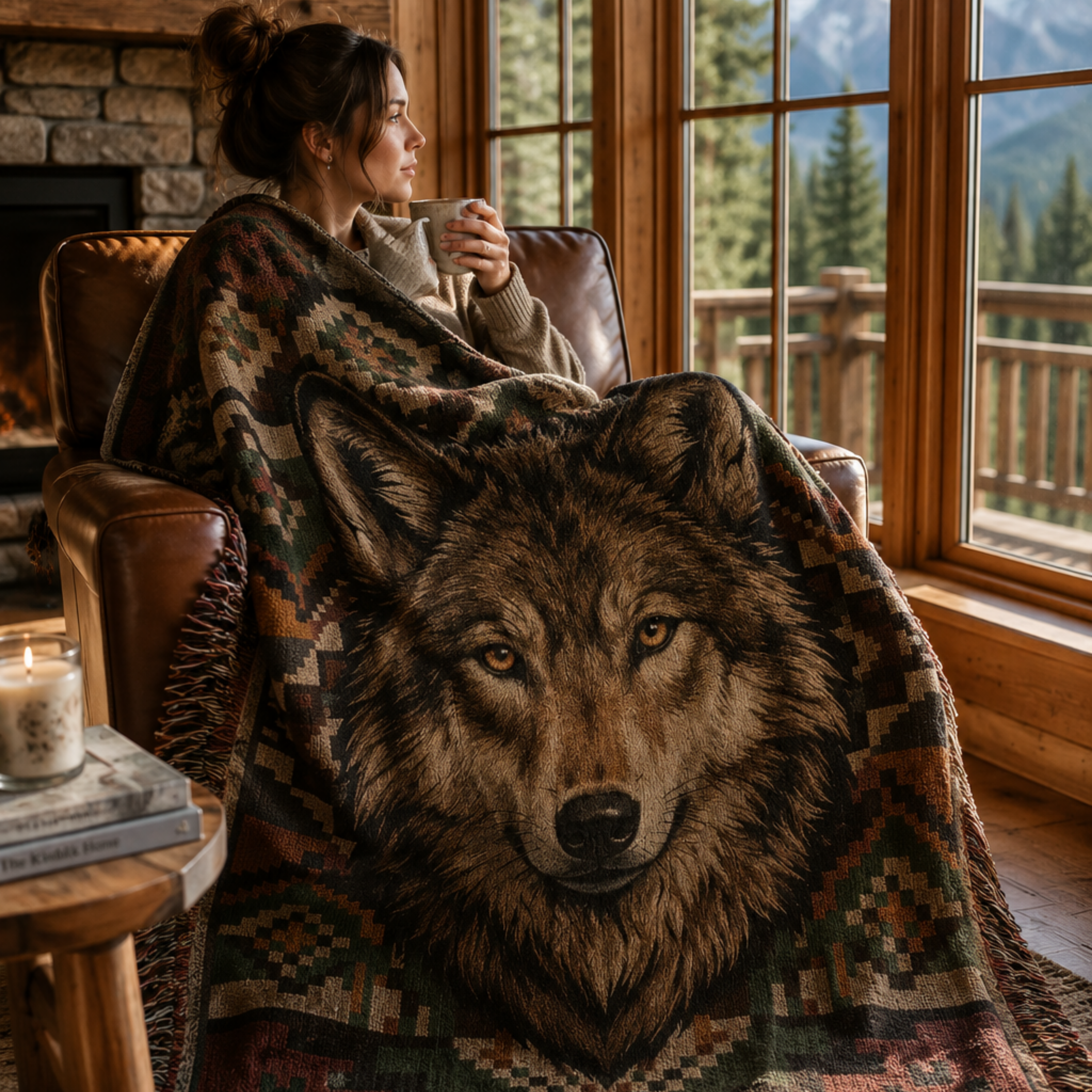 Woman wrapped in Alpha Wolf woven throw blanket looking out cabin window at snowy mountains — wildlife lodge blanket by Trini Skies