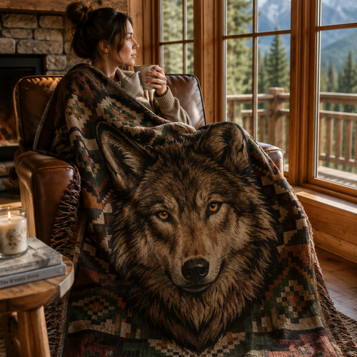 Woman wrapped in Alpha Wolf woven throw blanket looking out cabin window at snowy mountains — wildlife lodge blanket by Trini Skies
