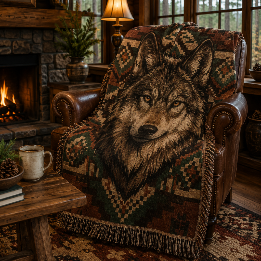 Alpha Wolf woven cotton throw on leather armchair in cabin interior showing full southwestern geometric pattern — wildlife blanket by Trini Skies