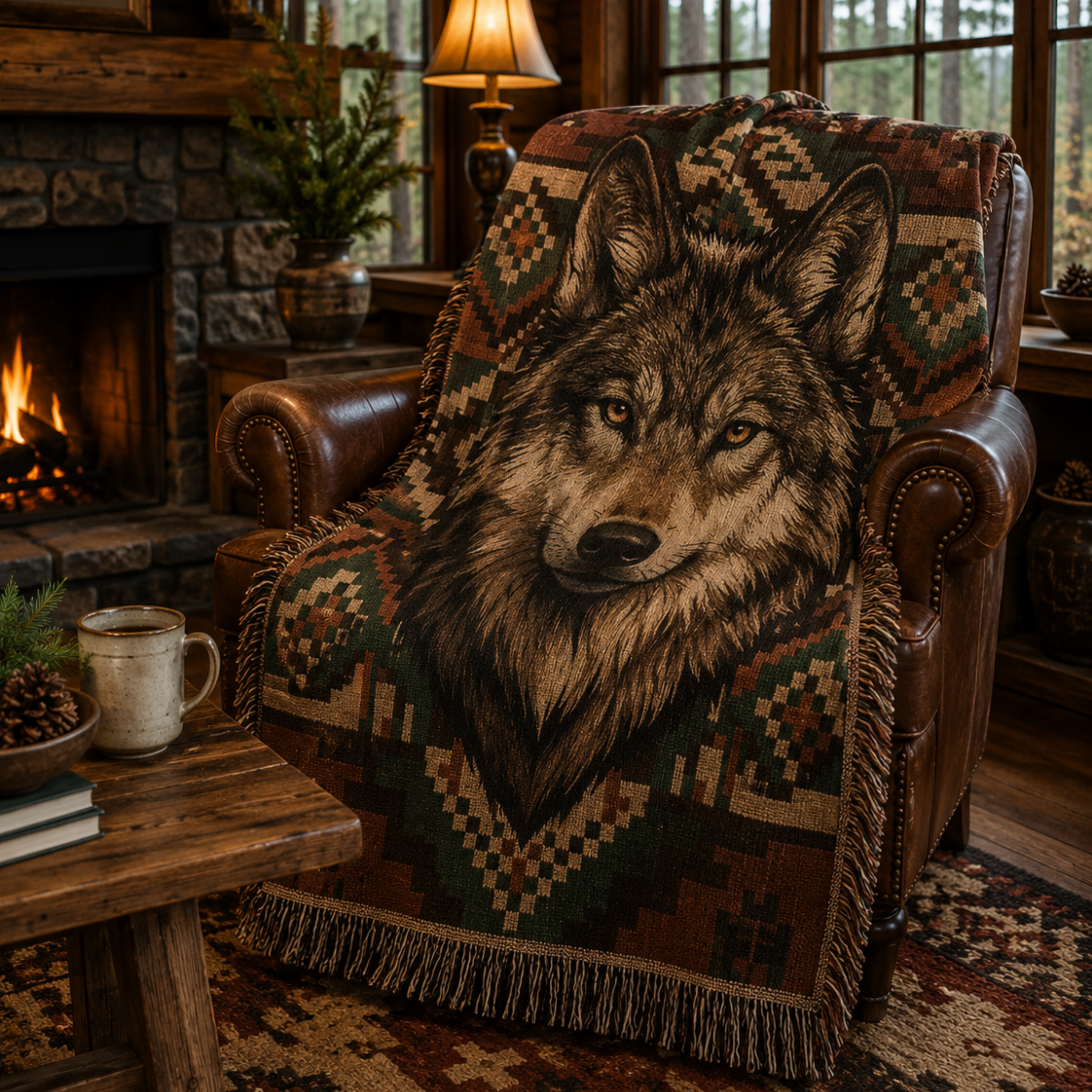 Alpha Wolf woven cotton throw on leather armchair in cabin interior showing full southwestern geometric pattern — wildlife blanket by Trini Skies