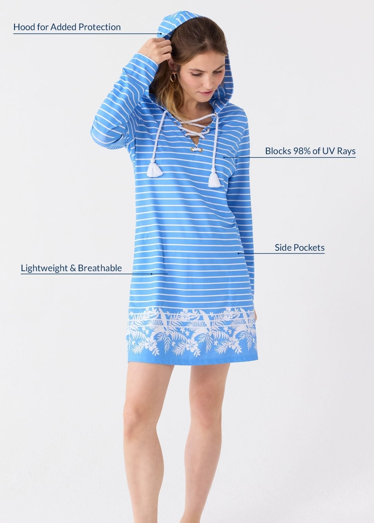 Women's UPF 50+ Hooded Cover Up Lace Up Beach Dress Stripe - Triniskies