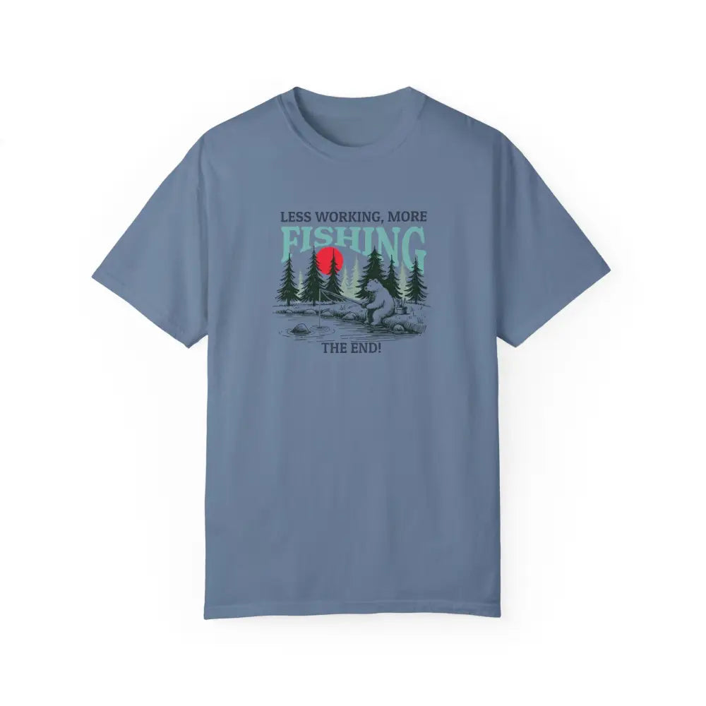 Blue short-sleeved bear fishing graphic t-shirt by Trini Skies