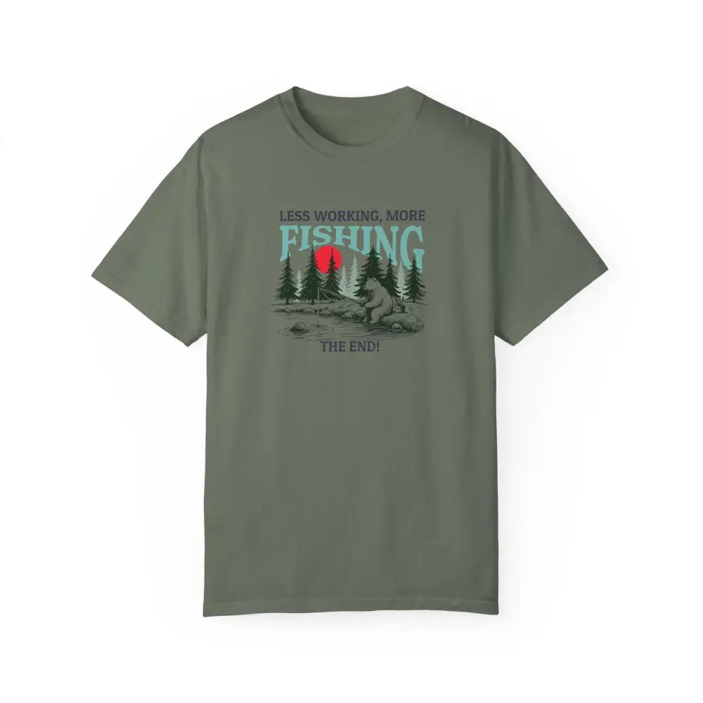 Olive green bear fishing graphic t-shirt Work Less Fish More Trini Skies