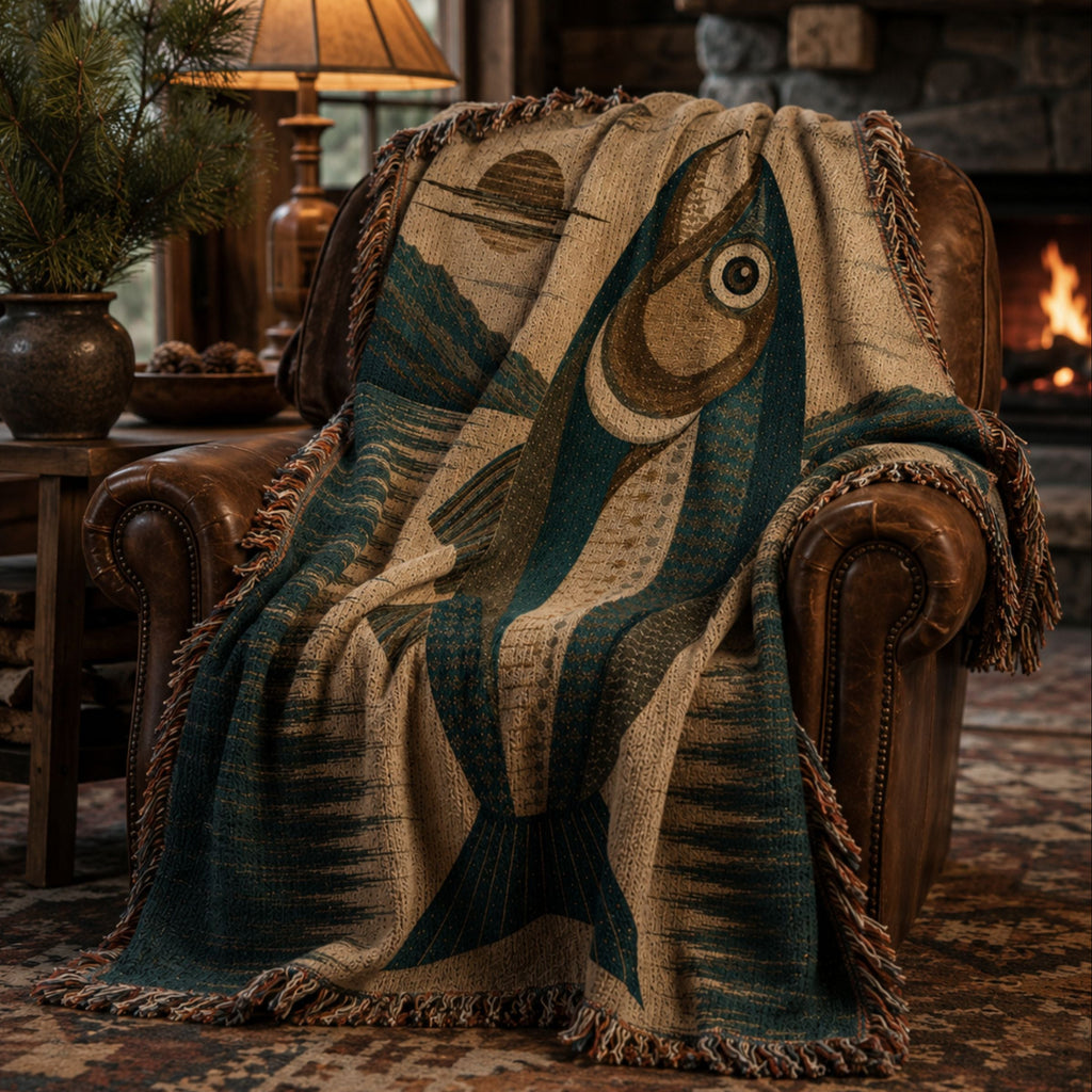 Wild Trout woven cotton throw draped over a leather chair by a stone fireplace — 100% cotton fishing blanket for cabin and lake house decor

