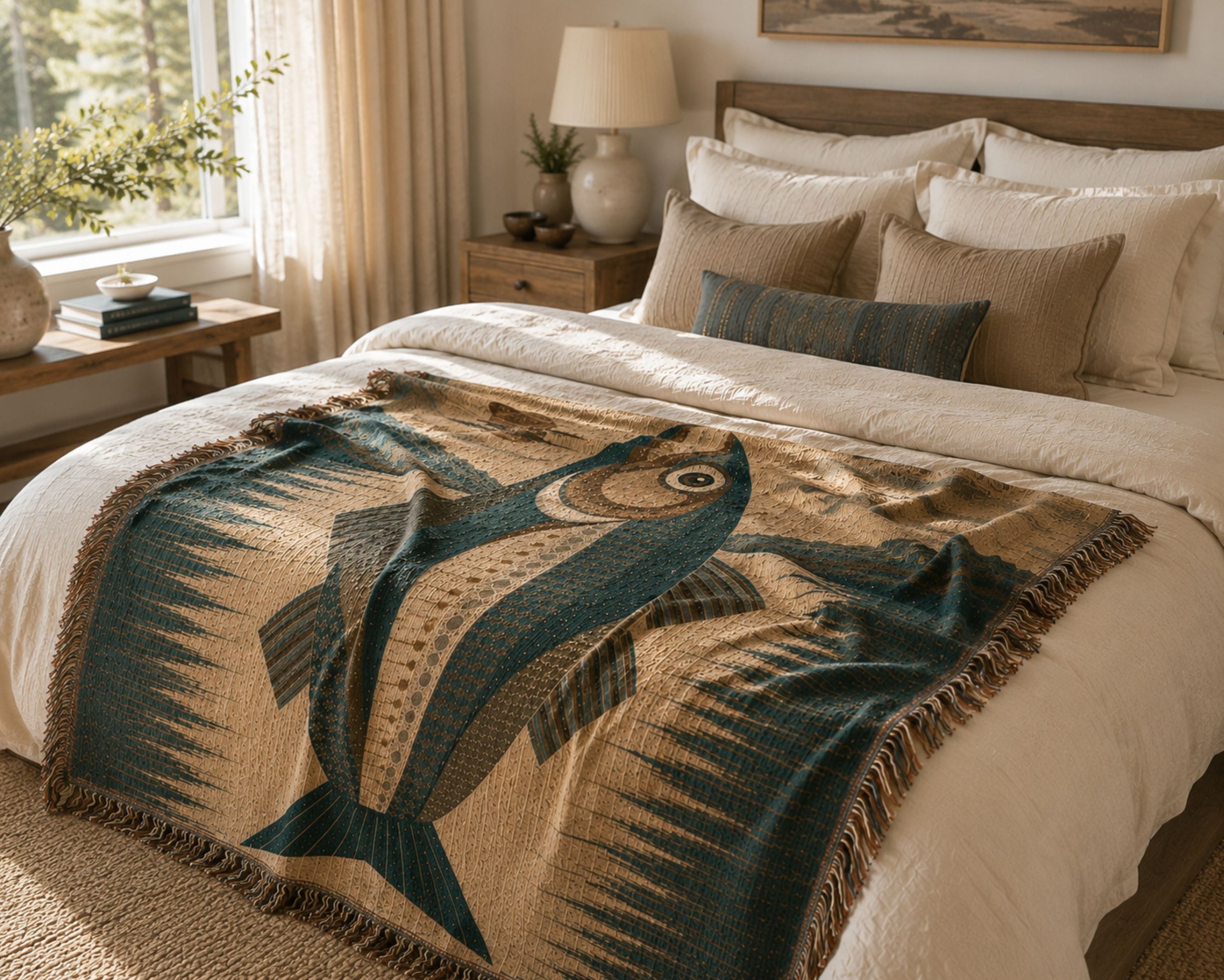 Wild Trout woven throw product flat lay showing full trout folk art design in teal and tan — jacquard woven cotton blanket