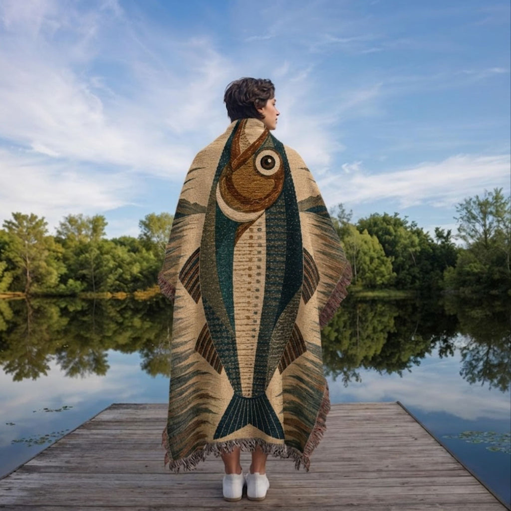 Woman wrapped in Wild Trout woven cotton throw at a mountain lake shoreline — jacquard woven fishing blanket in teal and natural cotton

