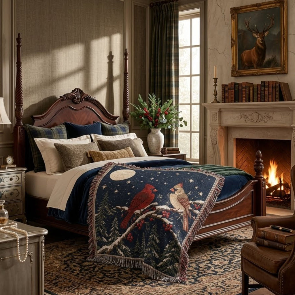 Cardinals at Moonrise throw on a carved four-poster bed by a lit fireplace in a traditional winter bedroom