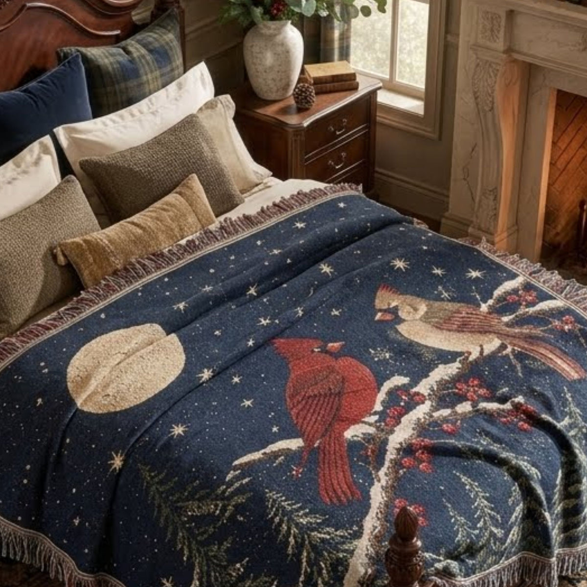 Cardinal woven cotton throw across a bed with plaid and ivory pillows, the ivory moon and red birds facing up