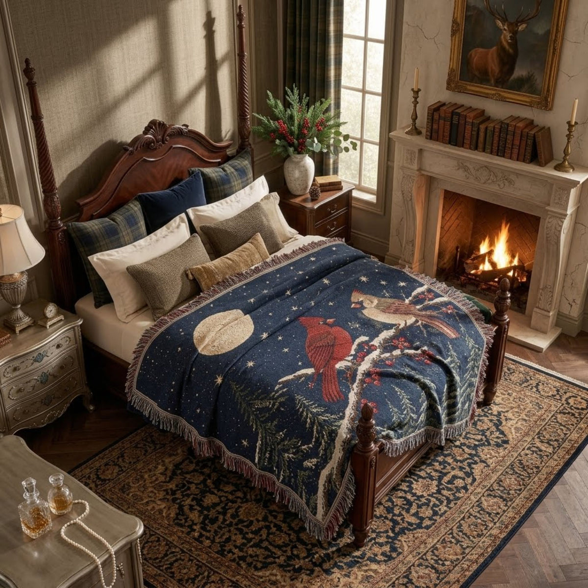 Navy cardinal and snowy pines woven throw across a four-poster bed facing a stone fireplace and a Persian rug