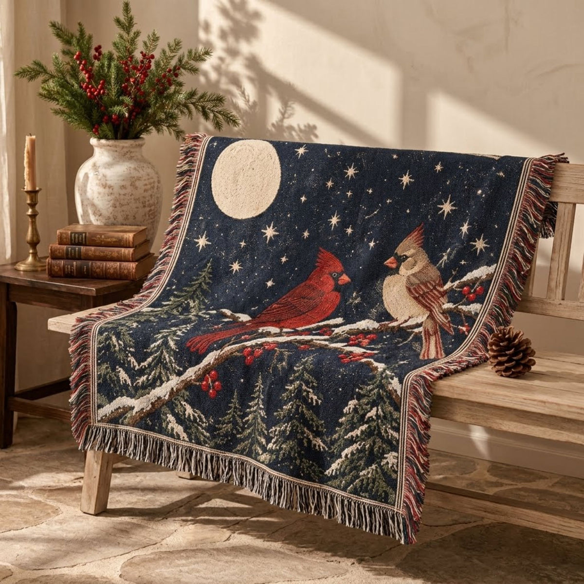 Cardinals at Moonrise woven cotton throw over a wooden bench with winterberry stems and old books in warm afternoon light