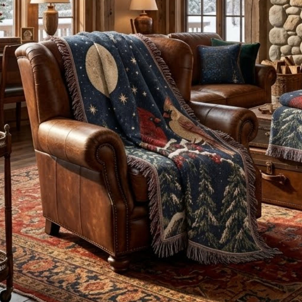 Cardinal pair woven cotton throw draped over a leather armchair in a lodge living room with a red Persian rug