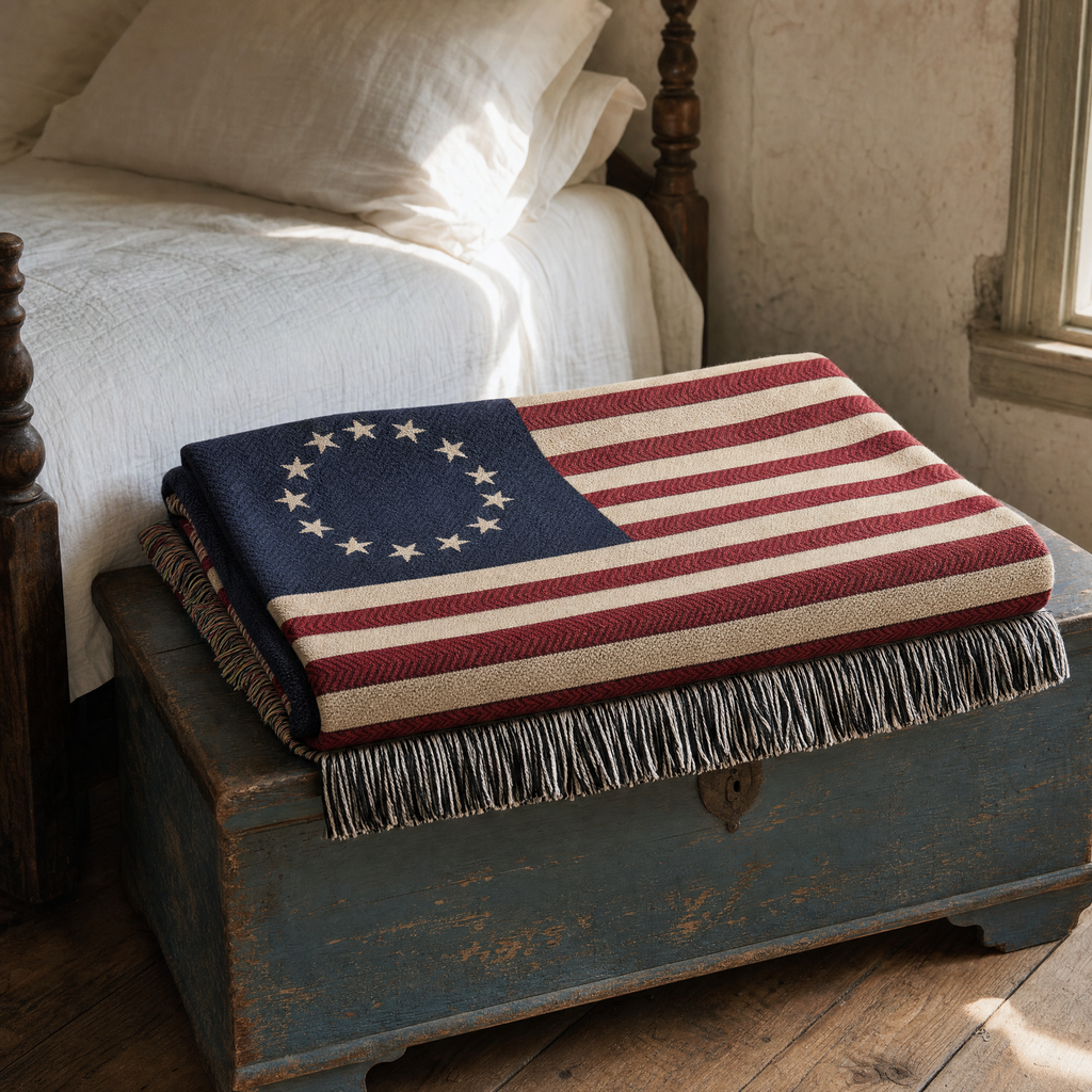 Folded Betsy Ross flag cotton throw on a blue painted blanket chest at the foot of a colonial canopy bed