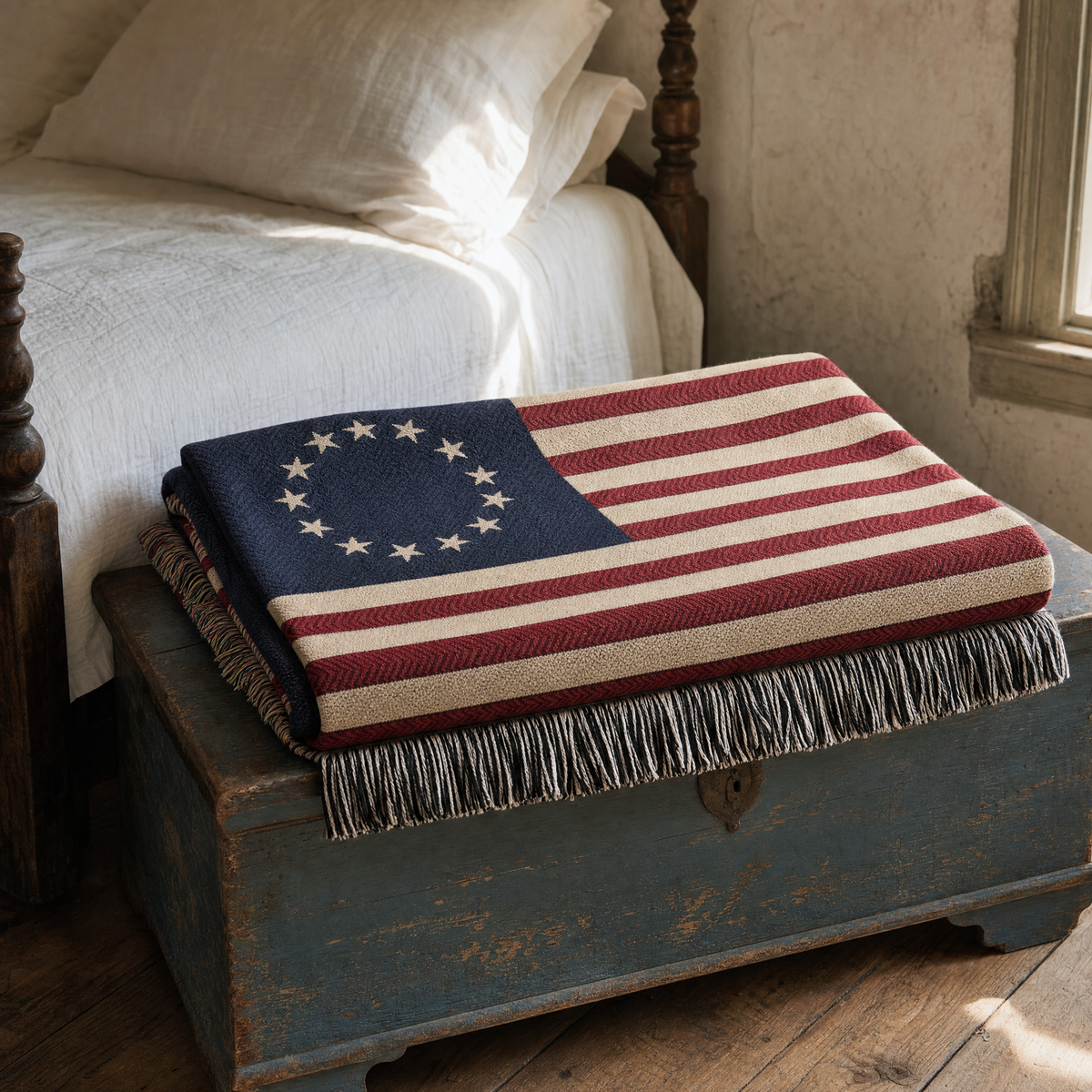 Folded Betsy Ross flag cotton throw on a blue painted blanket chest at the foot of a colonial canopy bed