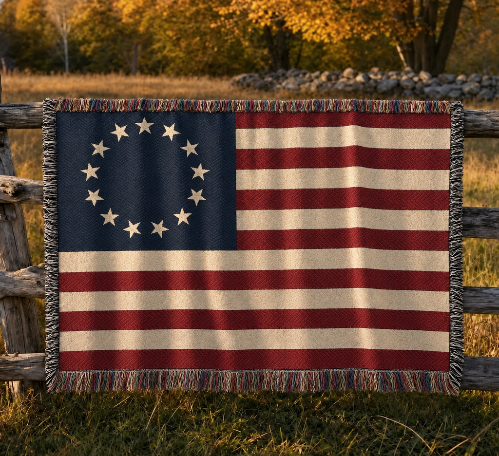 Betsy Ross flag cotton throw on a split-rail fence at the edge of a New England meadow at golden hour
