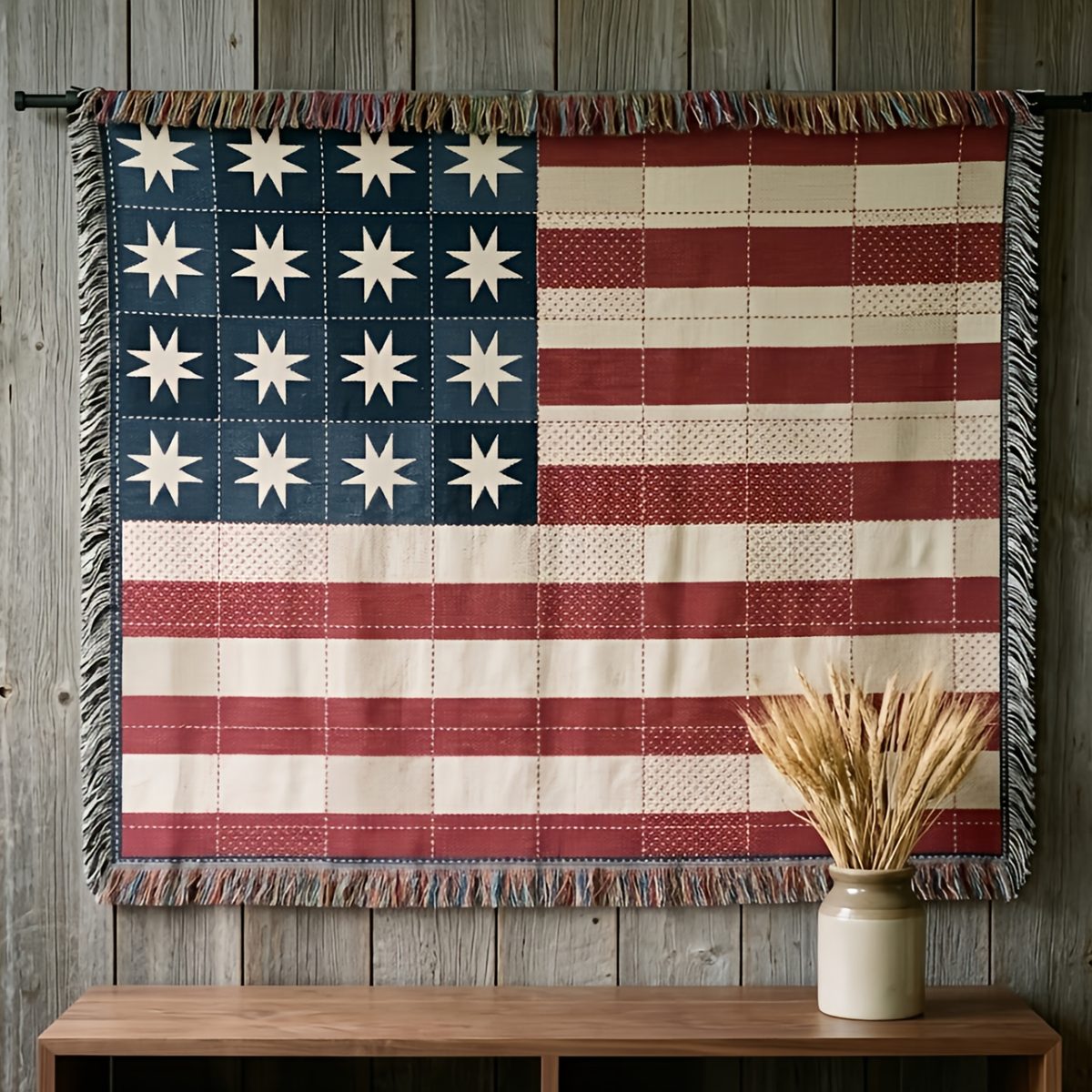 Heirloom quilt flag woven cotton throw hung on a barnwood wall above a walnut console with dried wheat
