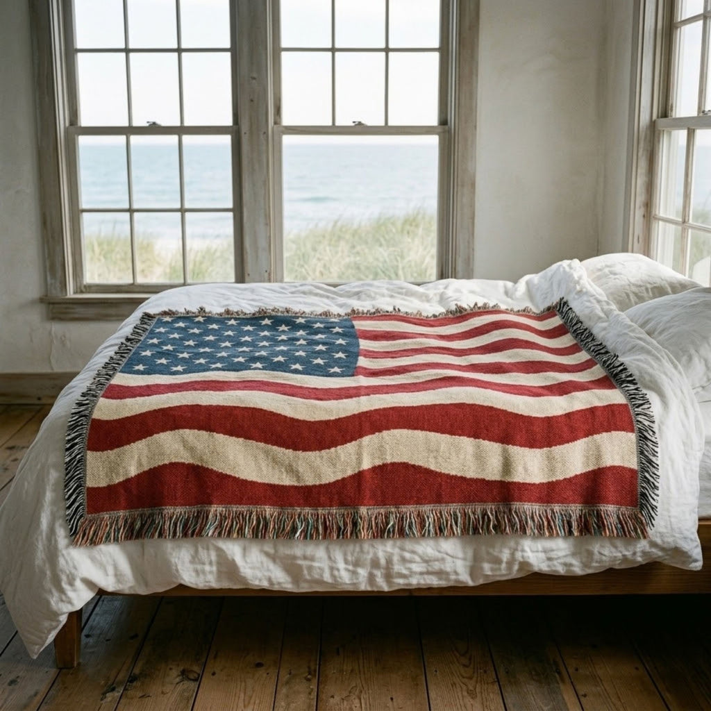 A woven American flag throw blanket with fringe is draped over a bed in a bright bedroom with large windows overlooking the ocean.