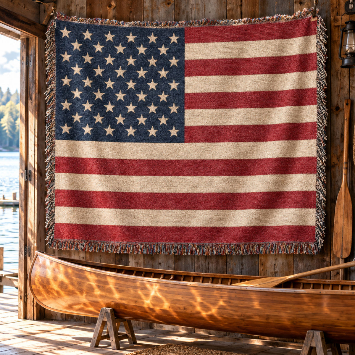 Old Glory 50-star American flag woven cotton throw hung in a lake boathouse above a wooden canoe