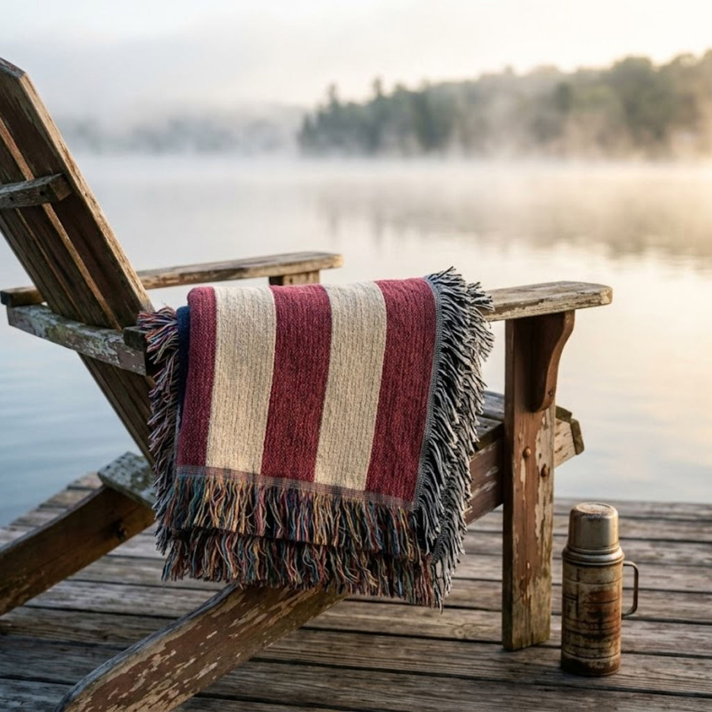 Red, ivory and navy flag throw on an Adirondack chair on a lake dock at dawn with mist on the water