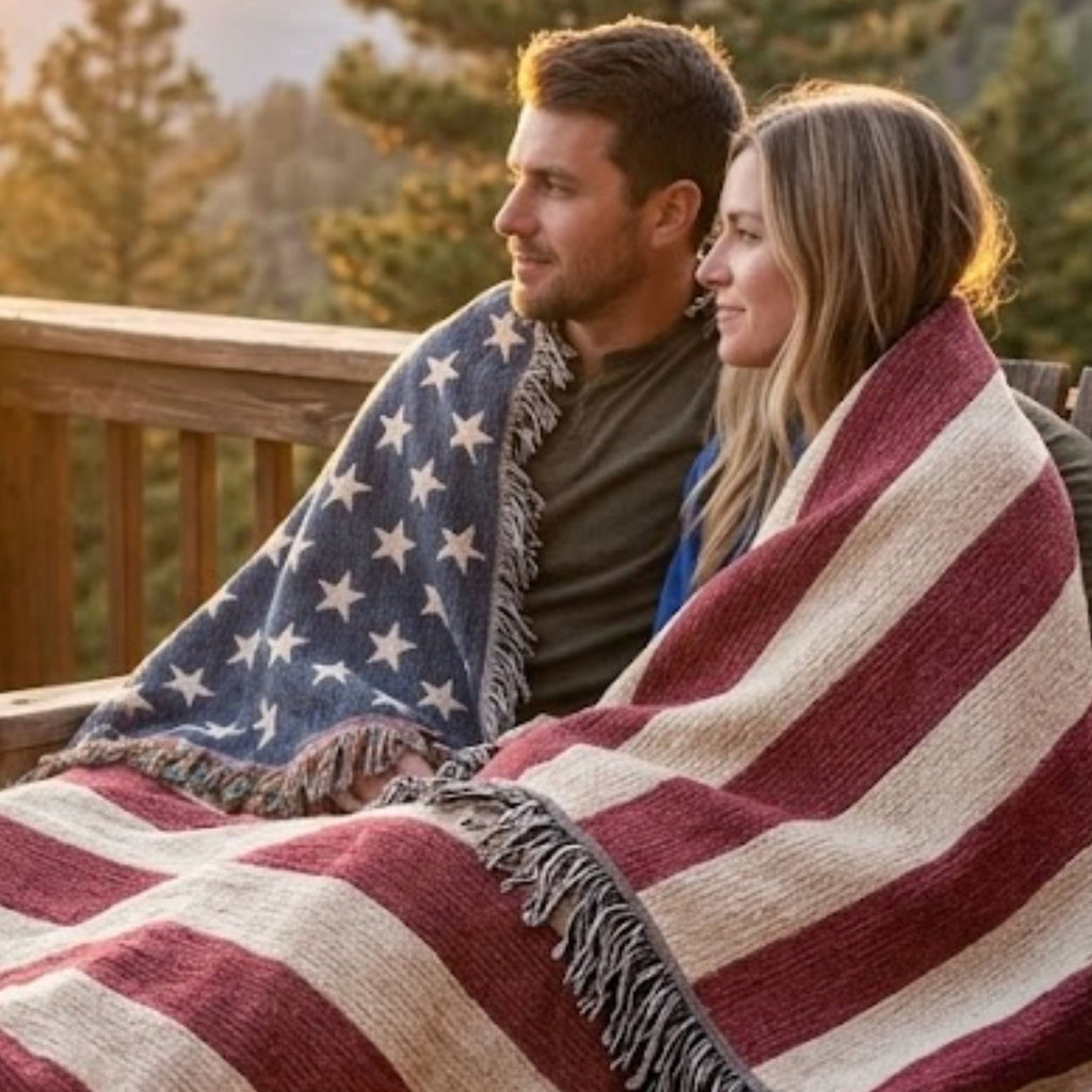 Couple wrapped in a 50-star American flag woven throw on a cabin deck among autumn pines